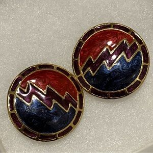 Vintage Blue Red Purple Zig Zag Enamel Round Clip On Earrings